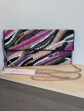 BCBGeneration multi-color Abstract Beaded Multicolor Evening Clutch Chain Purse
